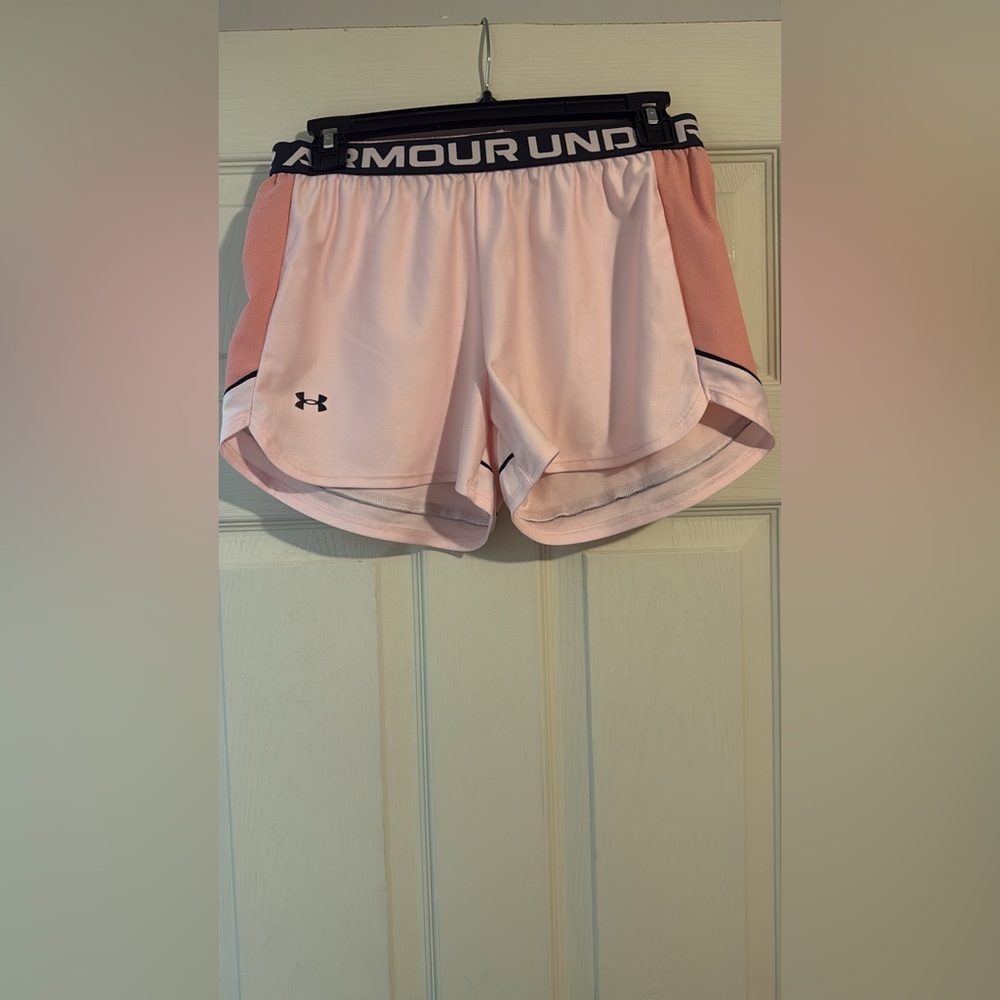 Under Armour Women's Light Pink Athletic Shorts with Black Waistband